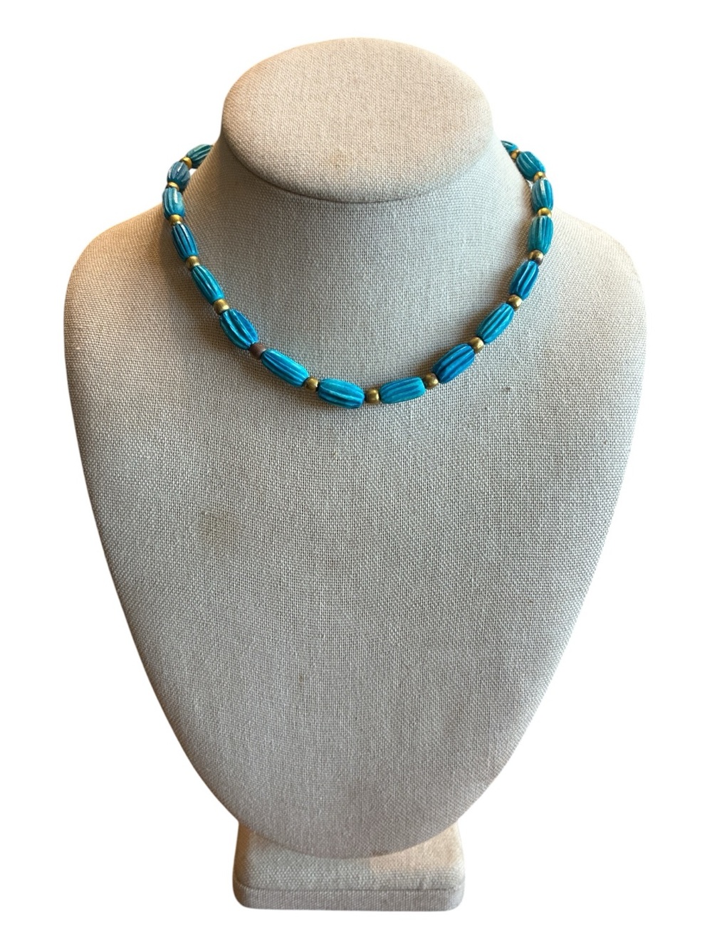 Bright Turquoise Colored Beaded Necklace with Gold Accents ~ 16 Inches